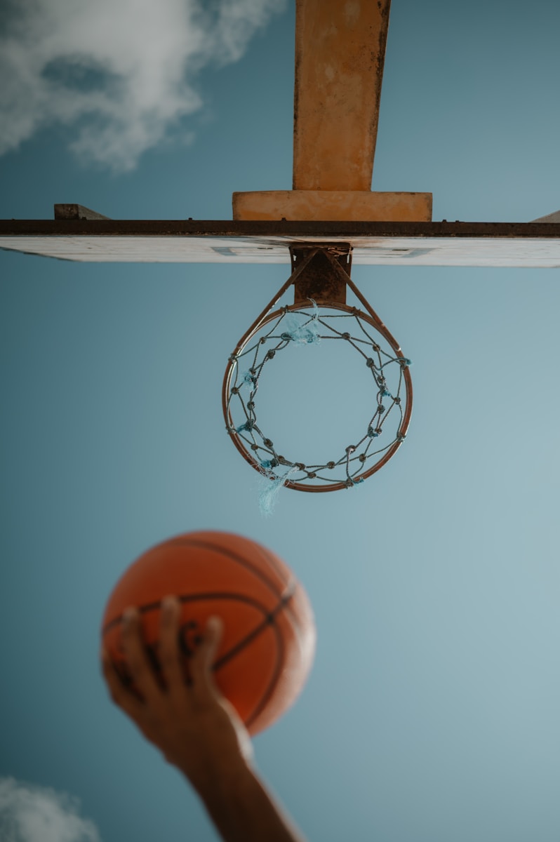 A person holding a basketball up to a hoop